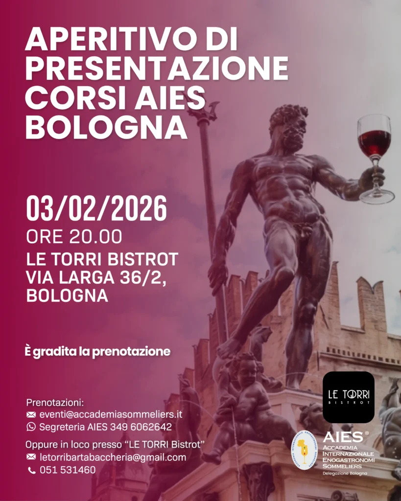 Locandina aperitivo di presentazione corsi aies bologna - statua del nettuno in sfondo con gradiente sfumato bordeaux da sinistra
