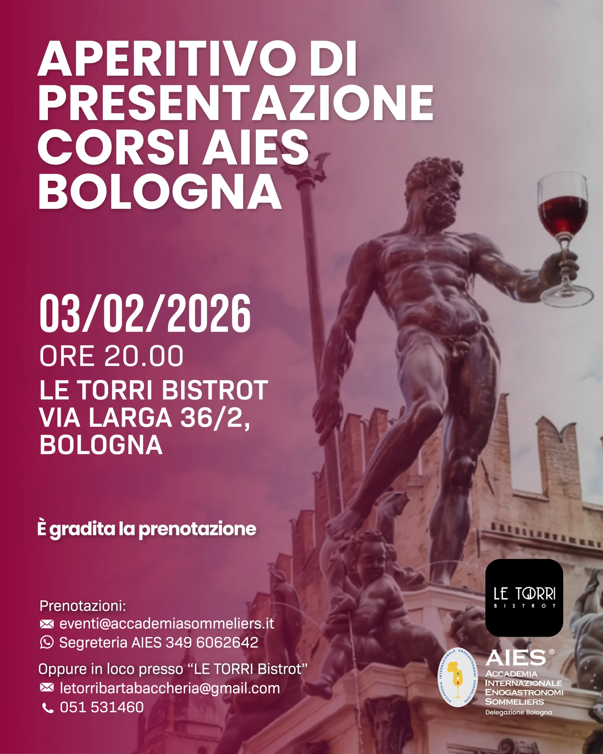 Locandina aperitivo di presentazione corsi aies bologna - statua del nettuno in sfondo con gradiente sfumato bordeaux da sinistra